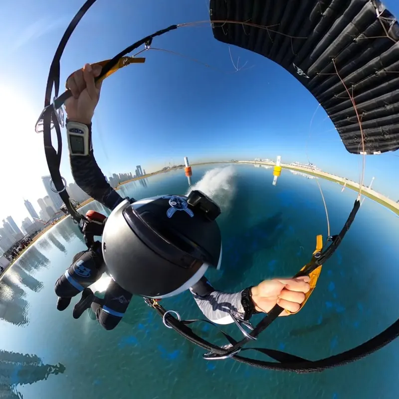 POV footage of a swoop over the pond in Dubai